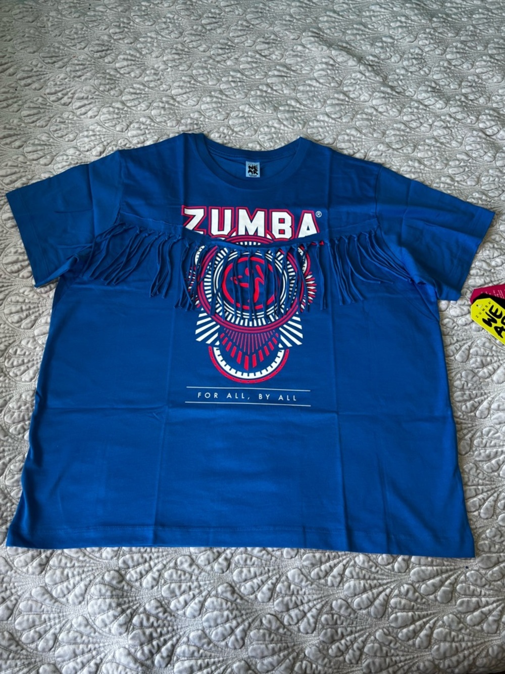 Zumba Fitness Royal Blue Short-Sleeve Fringe Graphic Tee “For All By All” XL Nwt